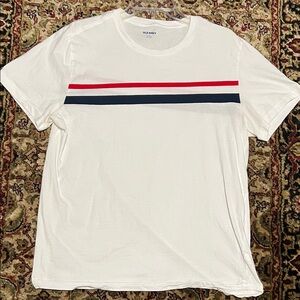 Old Navy White Short Sleeve Tee with Red and Navy Chest Stripes Size Large